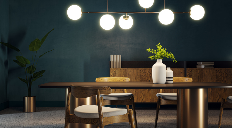 Stylish Dining Area With Wooden Elements And Design Lighting. Interior Elegance. 3D Rendering